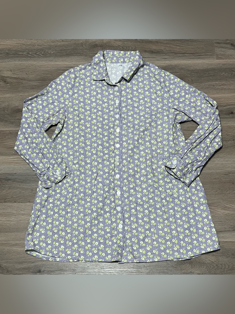 Tulip Women's Medium Button Up Shirt Tunic Pockets Purple Green 100% Cotton AOP